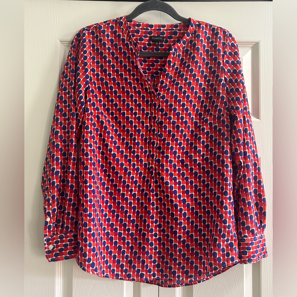 Talbots Blouse Size S Red Blue Orange Long Sleeve Workwear Lightweight Fall